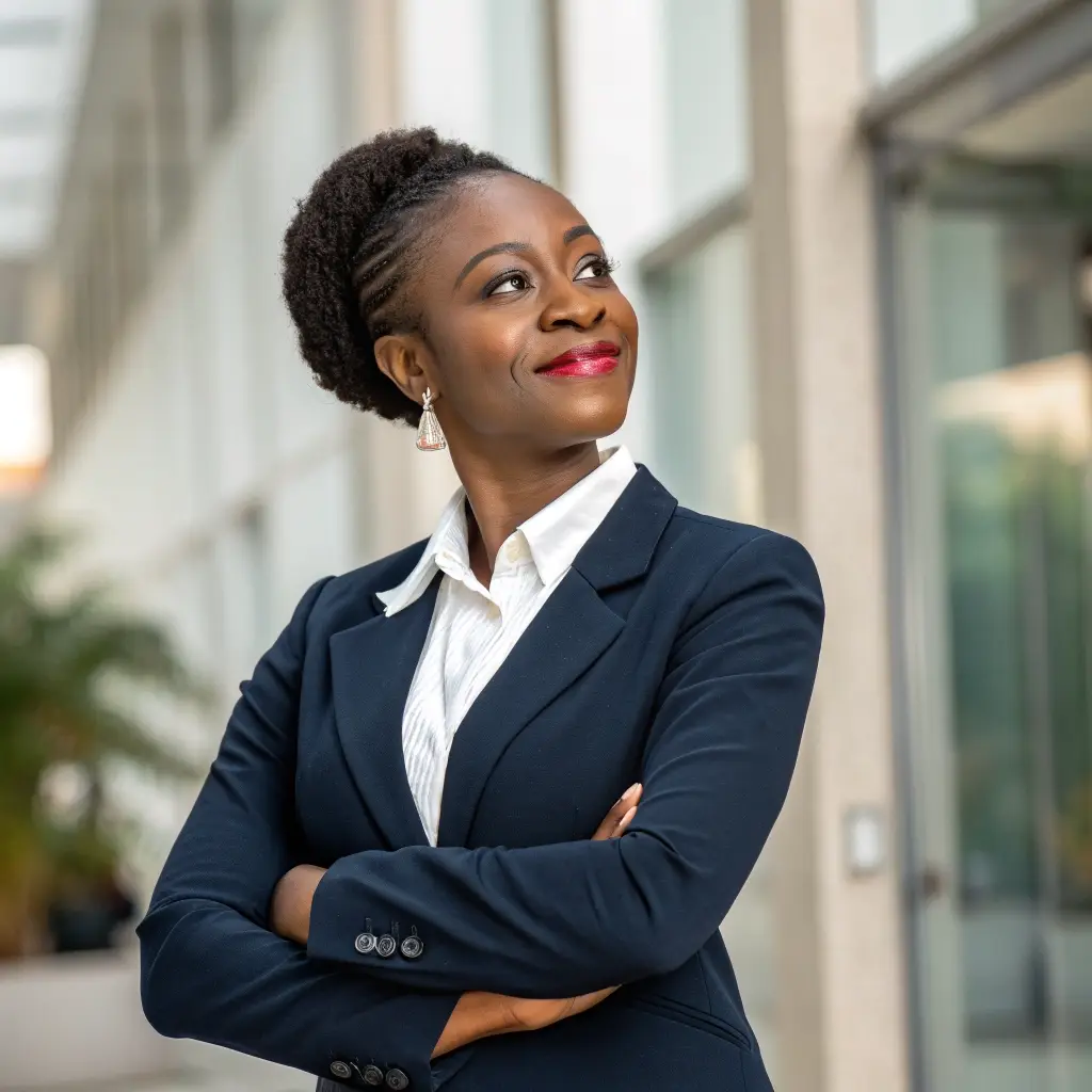 Portrait d'une femme d'affaires togolaise dynamique, style élégant et professionnel.