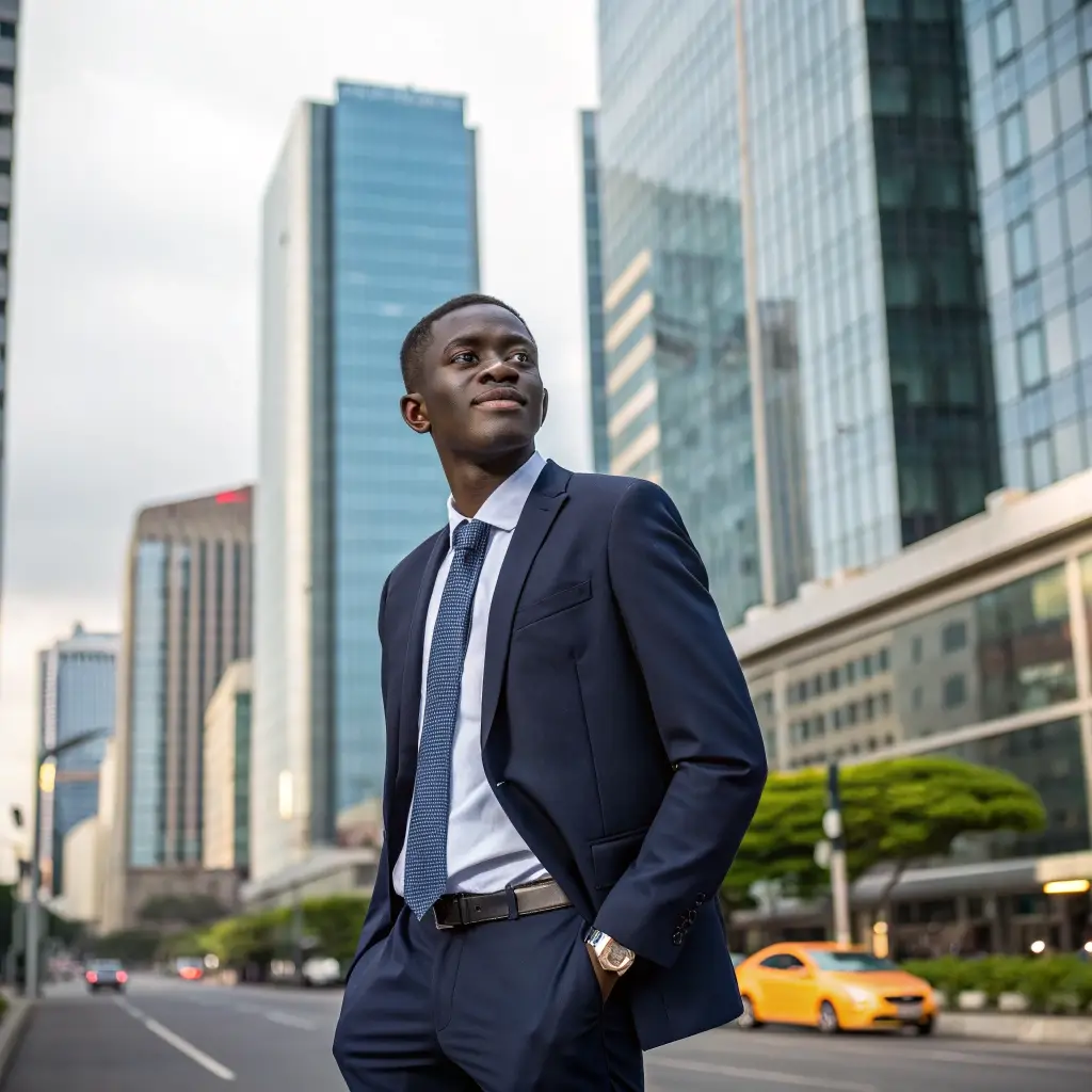 Portrait d'un jeune professionnel togolais confiant, environnement urbain moderne.